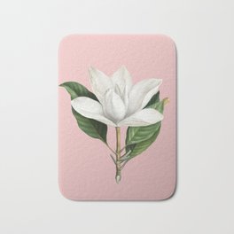 Vintage White Southern Magnolia Botanical Illustration on Pink Bath Mat | Minimalist, Nature, Painting, Leaves, Pink, Rose, Quartz, Flower, Illustration, Botanical 