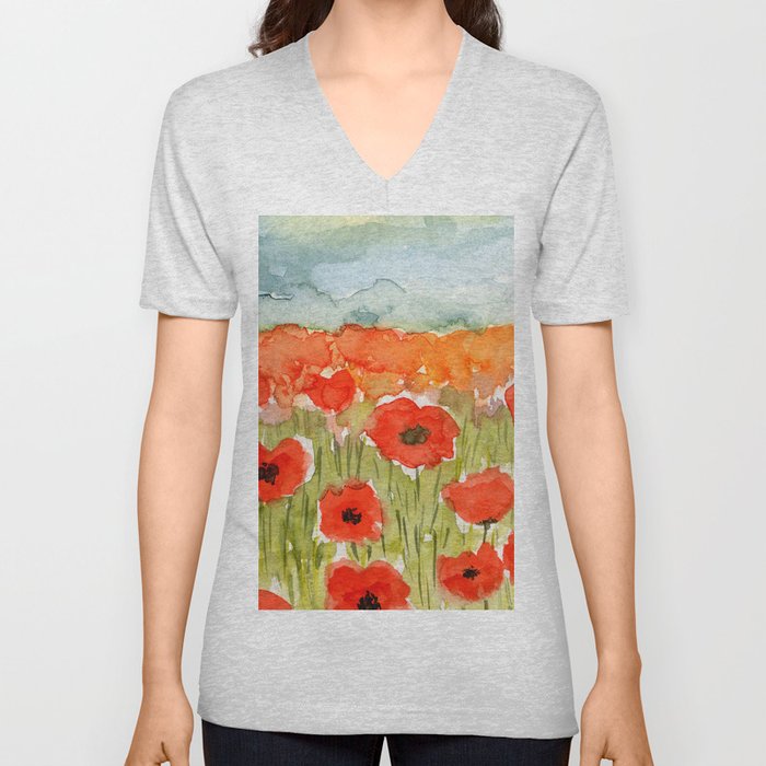 Sky and Poppy Field V Neck T Shirt