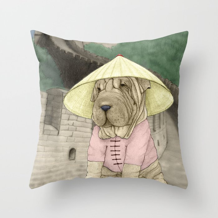Shar Pei on the Great Wall (China) Throw Pillow