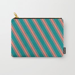 [ Thumbnail: Dark Cyan & Salmon Colored Stripes Pattern Carry-All Pouch ]