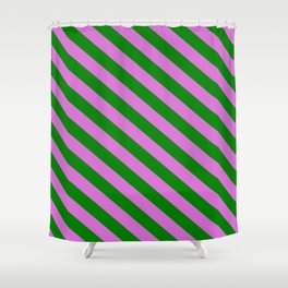 [ Thumbnail: Green and Orchid Colored Lined Pattern Shower Curtain ]