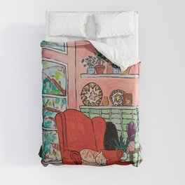 Red Armchair in Pink Interior with Houseplants, Ginger Cat, and Spaniel Interior Painting Duvet Cover
