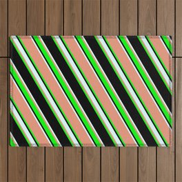 [ Thumbnail: Dark Salmon, Lime, Black & Light Cyan Colored Lines/Stripes Pattern Outdoor Rug ]