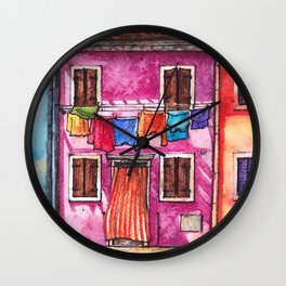 Burano laundry ink and watercolor illustration Wall Clock