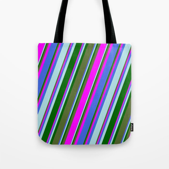 Colorful Dark Olive Green, Fuchsia, Royal Blue, Powder Blue, and Dark Green Colored Lines Pattern Tote Bag
