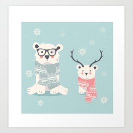 Two Cute Winter Bears Knitted Scarfs Art Print | Ears, Winter2022, Paws, Knittedscarf, Season, Snow, Kids, Graphicdesign, Fun, Redchins 