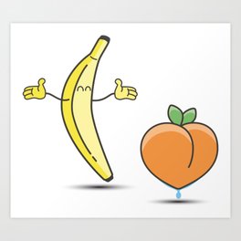 Happy banana with wet peach Art Print