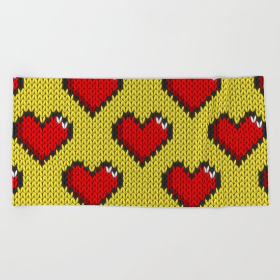 Knitted heart pattern - yellow Beach Towel