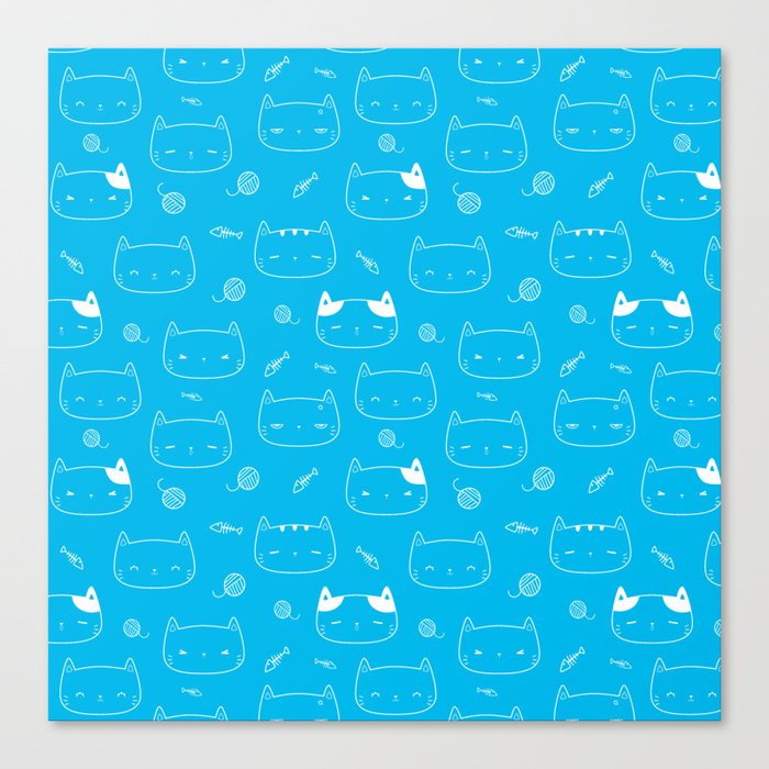 Turquoise and White Doodle Kitten Faces Pattern Canvas Print