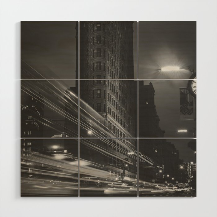 The Flatiron building New York City time lapse black and white photograph - photography - photographs Wood Wall Art