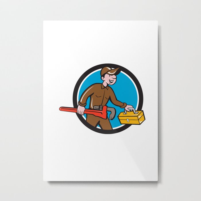 Plumber Carrying Monkey Wrench Toolbox Circle  Metal Print