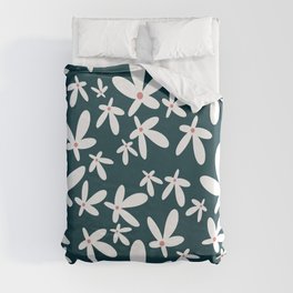 Quirky Florals in Dark Teal, Orange and White Duvet Cover