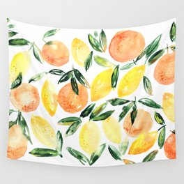 Sicilian orchard: lemons and oranges in watercolor, summer citrus Wall Tapestry