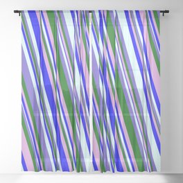 [ Thumbnail: Colorful Plum, Blue, Light Cyan, Slate Blue & Dark Green Colored Striped/Lined Pattern Sheer Curtain ]