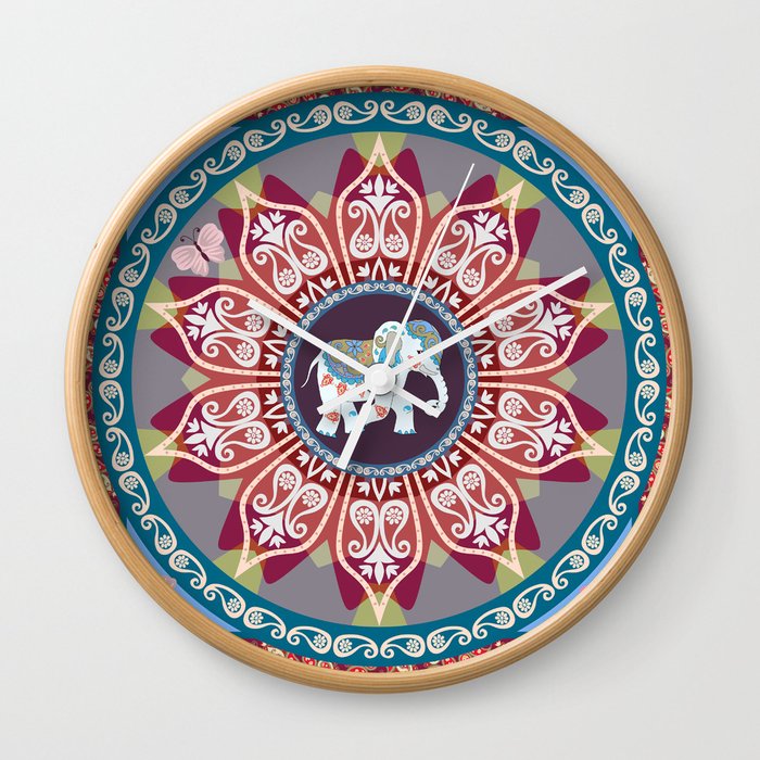 Beautiful square blanket in ethnic style with mandala flower,funny elephant and paisley border in. Indian,thai motives. Ethnic style.  Wall Clock