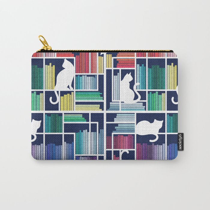 Rainbow bookshelf // navy blue background white shelf and library cats Carry-All Pouch