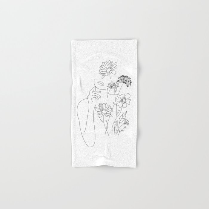 Minimal Line Art Woman with Flowers III Hand & Bath Towel