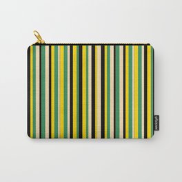 [ Thumbnail: Sea Green, Beige, Black & Yellow Colored Pattern of Stripes Carry-All Pouch ]