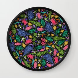 Neon Tropical Red Crabs, Shells and Jungle Leaves Wall Clock