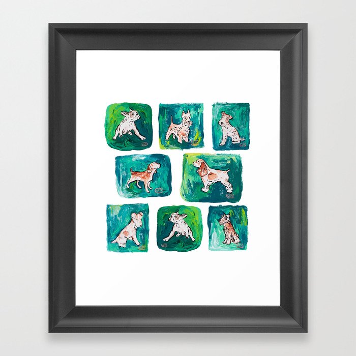 Dogs on Spring and Emerald Green Painting Framed Art Print