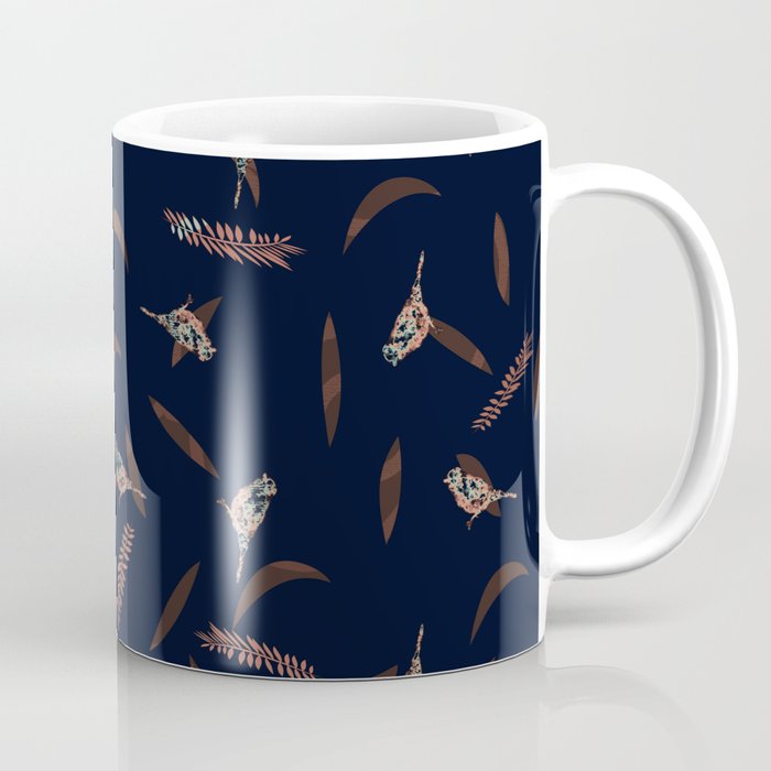 Graphic Birds and Leaves Brown and Navy Blue Coffee Mug