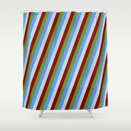 [ Thumbnail: Cornflower Blue, Powder Blue, Dark Red, and Green Colored Lined/Striped Pattern Shower Curtain ]