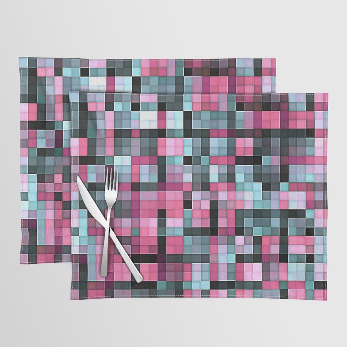 Pink Aqua Gray Black Pixel Abstract Placemat
