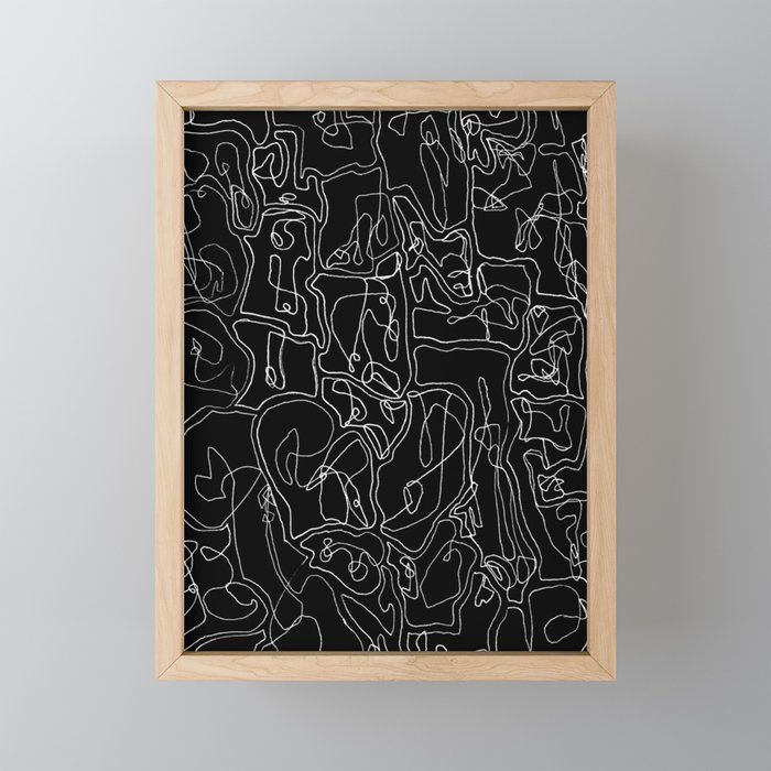 Abstract Contrasting White on Black Contour Line Design Framed Mini Art Print