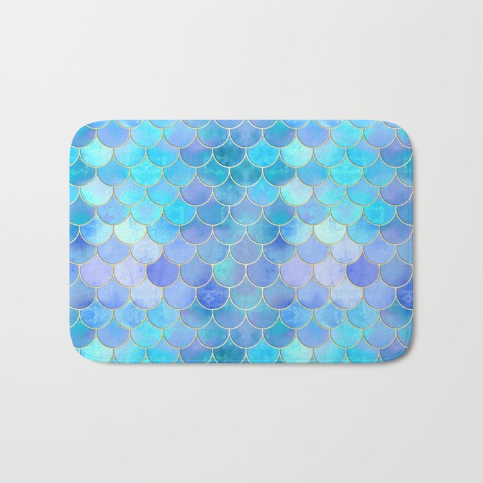 Aqua Pearlescent Gold Mermaid Scale Pattern Bath Mat By