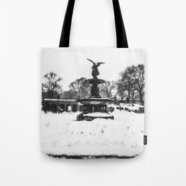 New York City Bethesda Fountain in Central Park during winter snowstorm blizzard black and white Tote Bag