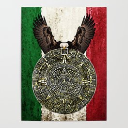 MEXICAN EAGLE AZTEC CALENDAR FLAG Poster