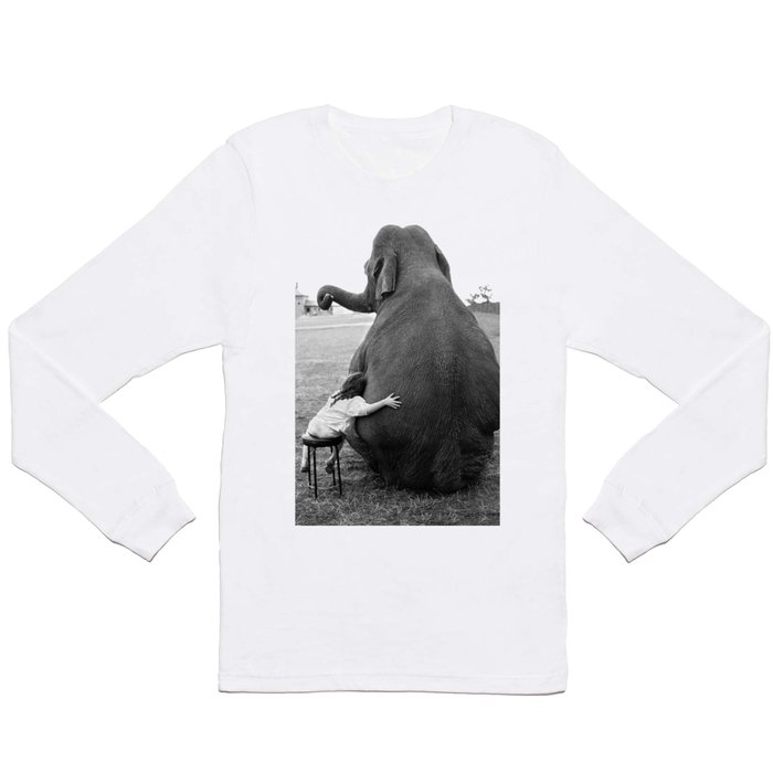 Odd Best Friends, Sweet Little Girl hugging elephant black and white photograph Long Sleeve T Shirt