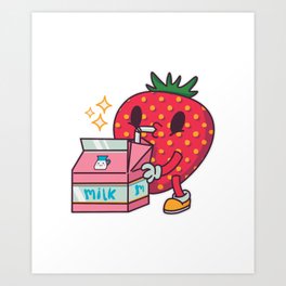 Japanese Kawaii, Strawberry Drinking From A Milk Carton Art Print