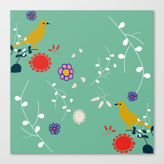 Bird and blossom green Canvas Print