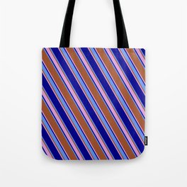 [ Thumbnail: Sienna, Plum, Dark Blue & Cornflower Blue Colored Lines/Stripes Pattern Tote Bag ]