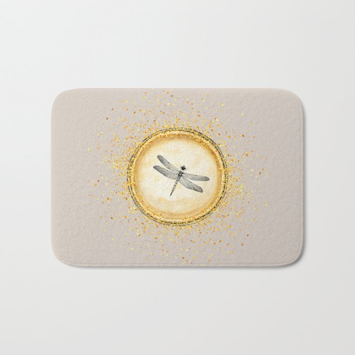 Sketched Dragonfly Gold Circle Pendant on Sand Beige Bath Mat