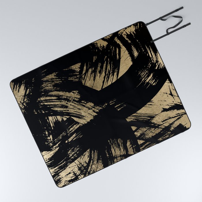 Elegant black faux gold modern brushstrokes pattern Picnic Blanket