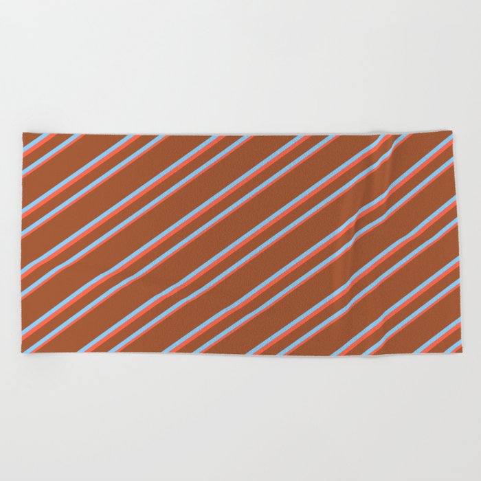 Sienna, Light Sky Blue, and Red Colored Lined Pattern Beach Towel