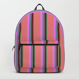 [ Thumbnail: Vibrant Sea Green, Maroon, Light Slate Gray, Violet & Light Coral Colored Stripes Pattern Backpack ]