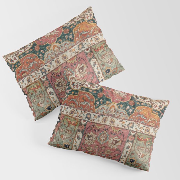 Persian Medallion Rug V // 16th Century Distressed Red Green Blue Flowery Colorful Ornate Pattern Pillow Sham