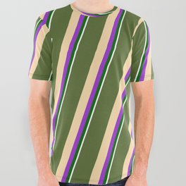 [ Thumbnail: Dark Olive Green, Tan, Dark Orchid, Dark Green, and White Colored Striped/Lined Pattern All Over Graphic Tee ]