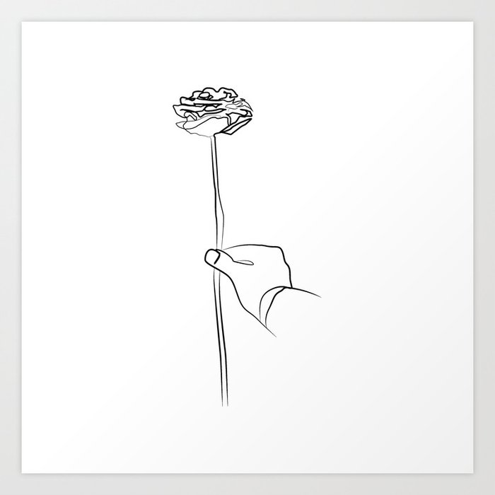 Drawn hand holding and offering rose flowers, printable sketch art