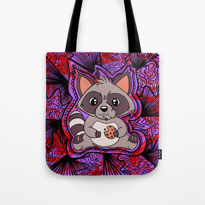 Red and Purple Trippy Raccoon Design Tote Bag