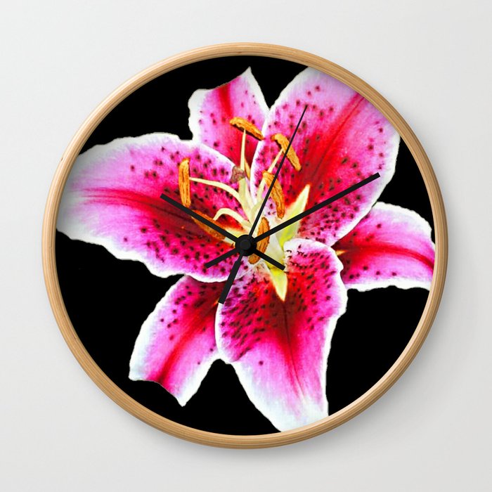 FUCHSIA PINK ASIATIC LILY FLOWER BLACK Wall Clock