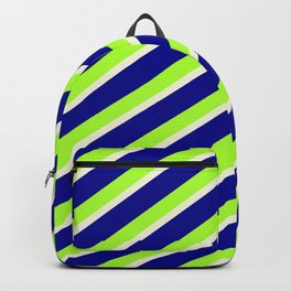 [ Thumbnail: Dark Blue, Light Green, and Beige Colored Striped Pattern Backpack ]