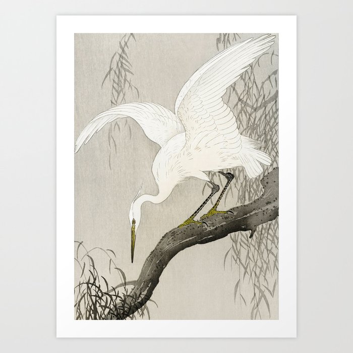 White Heron Sitting On A Tree Branch - Vintage Japanese Woodblock Print Art Art Print