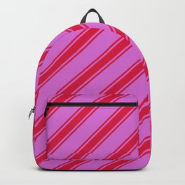 [ Thumbnail: Orchid & Crimson Colored Lined Pattern Backpack ]