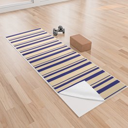 [ Thumbnail: Midnight Blue and Beige Colored Lines Pattern Yoga Towel ]