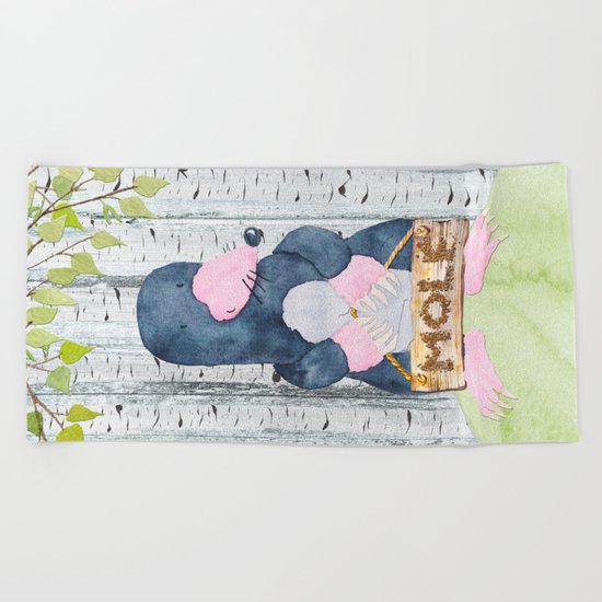 The busy Mole - Woodland Friends- Watercolor Illustration Beach Towel