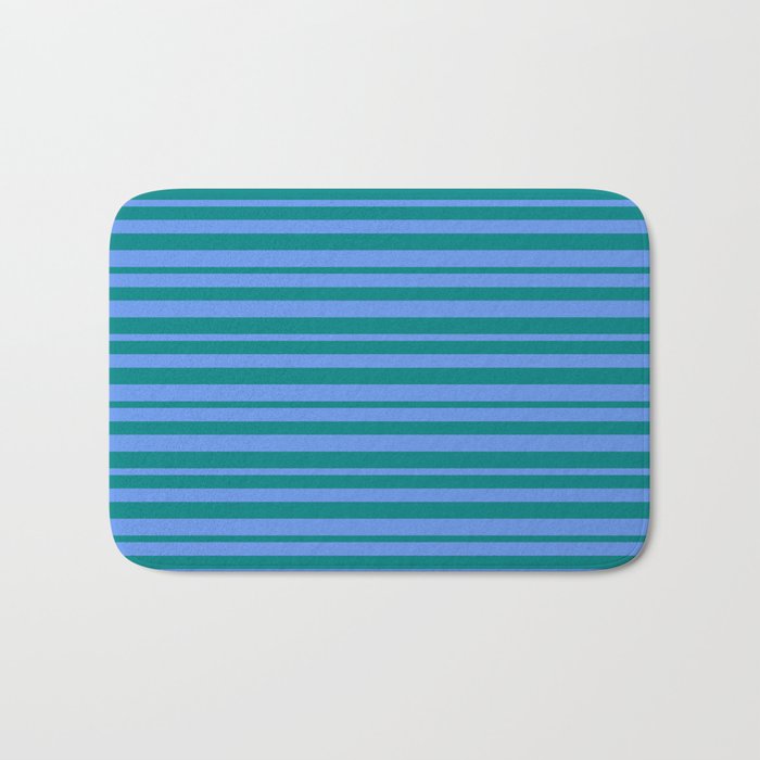 Cornflower Blue and Teal Colored Striped/Lined Pattern Bath Mat